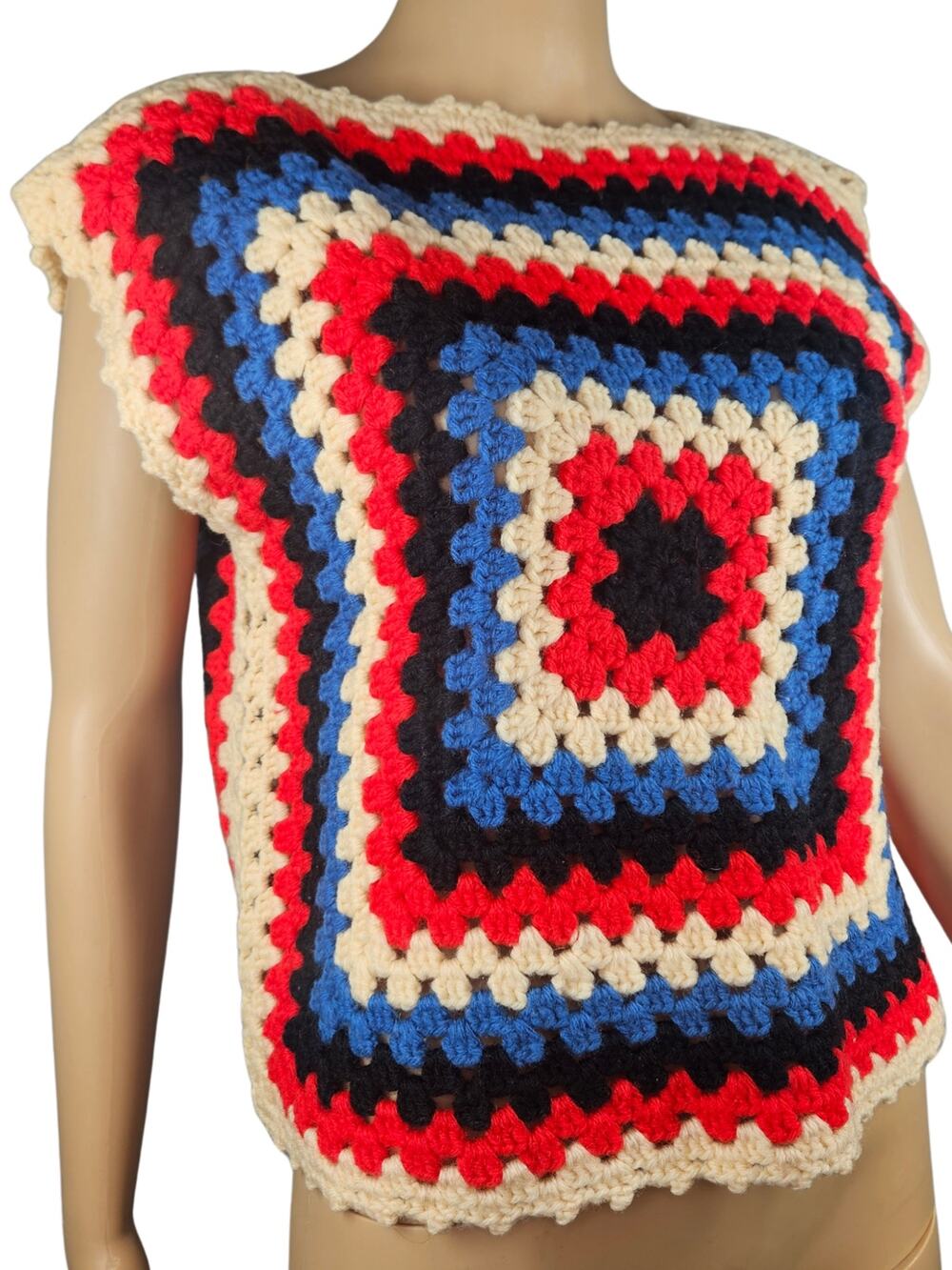 1970s Knit Handmade Granny Square Crochet Top Box Silhouette Boat Neck Size M